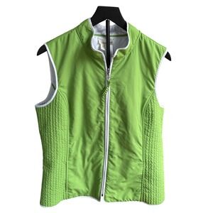 Coldwater Creek Womens Lg Lime Green Quilted Full Zip Vest Mock Neck White Trim